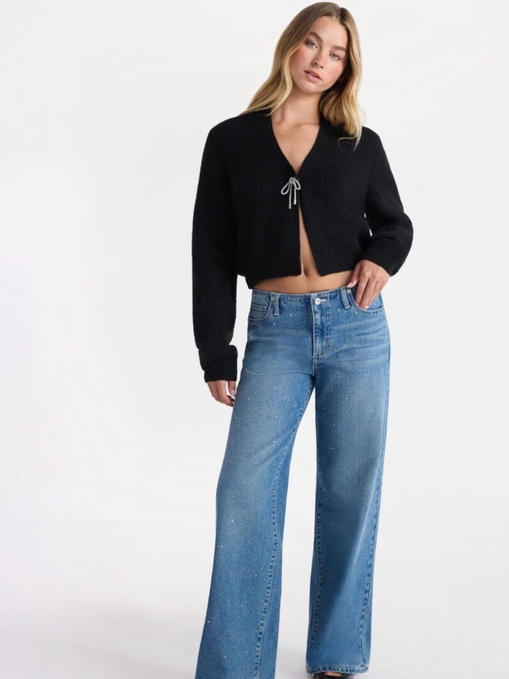 NWT No Boundaries Rhinestone Embellished Wide Leg Denim Jeans Size S (4-6)